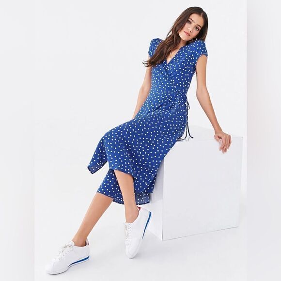 NEW Forever 21 Blue & White Polka Dot Wrap Dress NWT - Picture 1 of 5